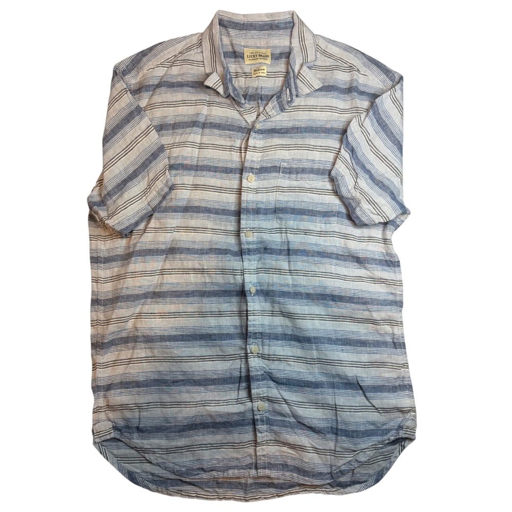 Lucky Brand Mens Blue White Striped 100% Linen Short Sleeve Button Down Shirt M